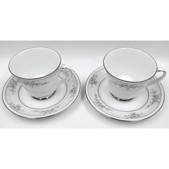 2 Noritake Sweet Leilani 3482 Cup & Saucer Set Gray Pink Roses Platinum Trim - Picture 3 of 15